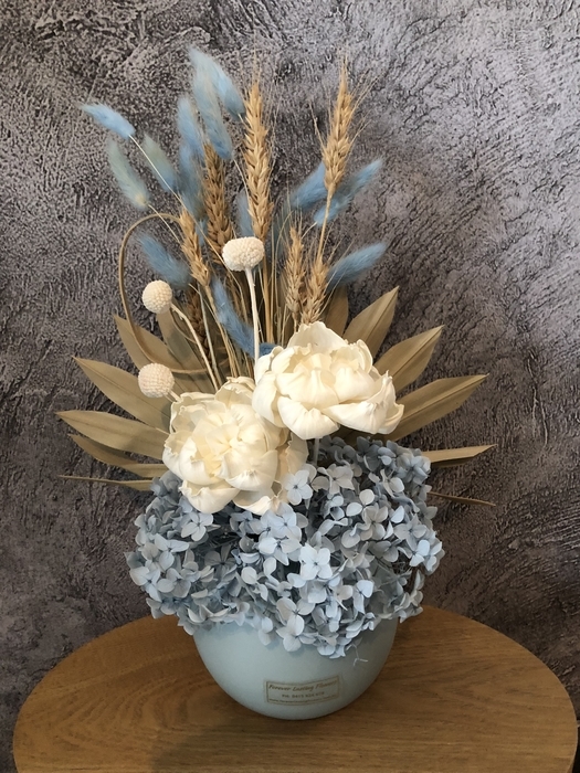 Belinda” Blue And Natural Tones Dried Flower Arrangement In Marmoset Foun